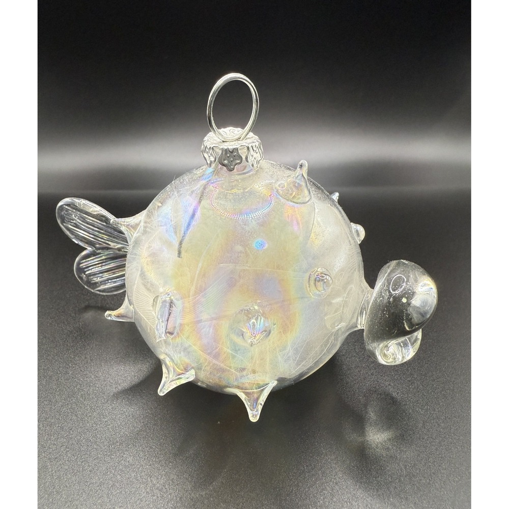 Hand Blown Clear White Glass Puffer Fish‎ Ornament - Size 2x3